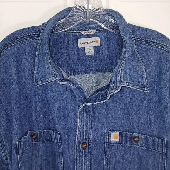 Carhartt Blue Denim Long Sleeve Shirt Mens 2XL Button Down Work Wear Long Sleeve - Picture 3 of 16